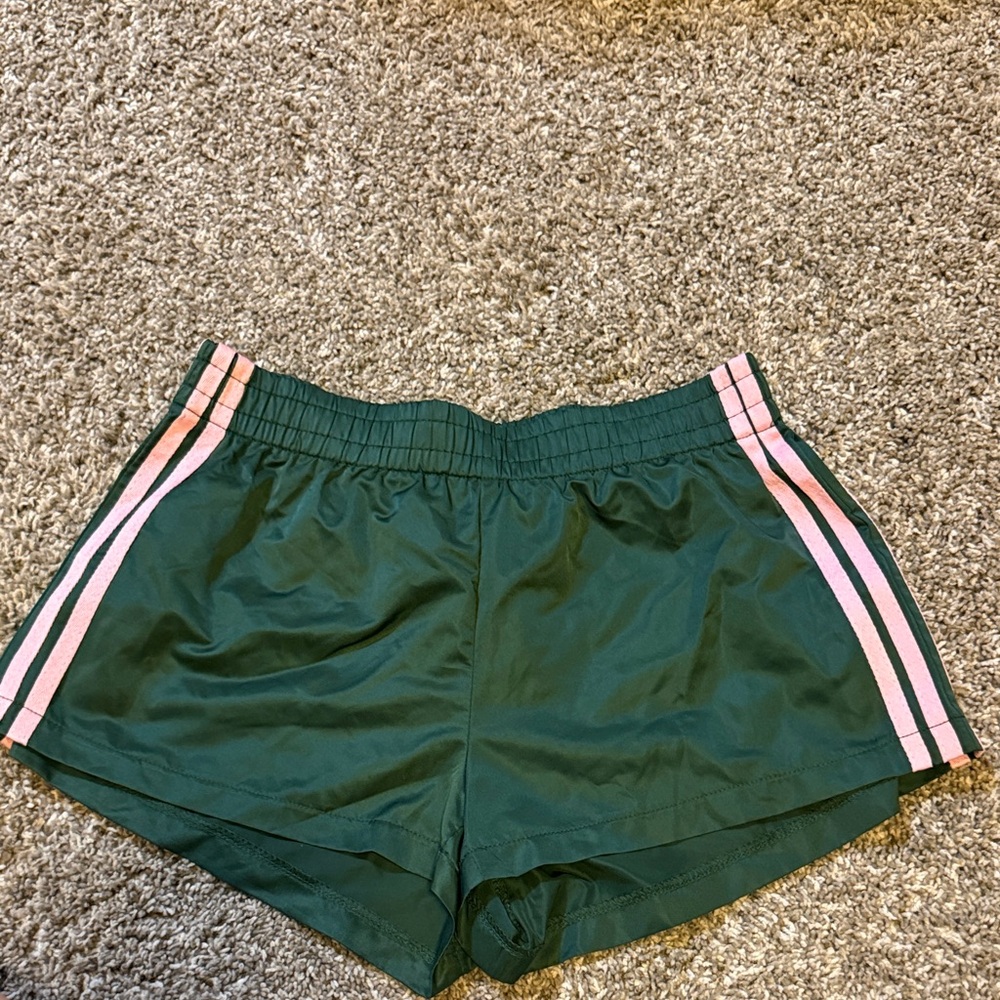 Edikted Dark Green Athletic Shorts with Pink Side Stripes